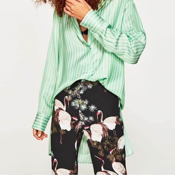 Zara Crane Bird Print Wide Leg Trousers Pants - Picture 2 of 7